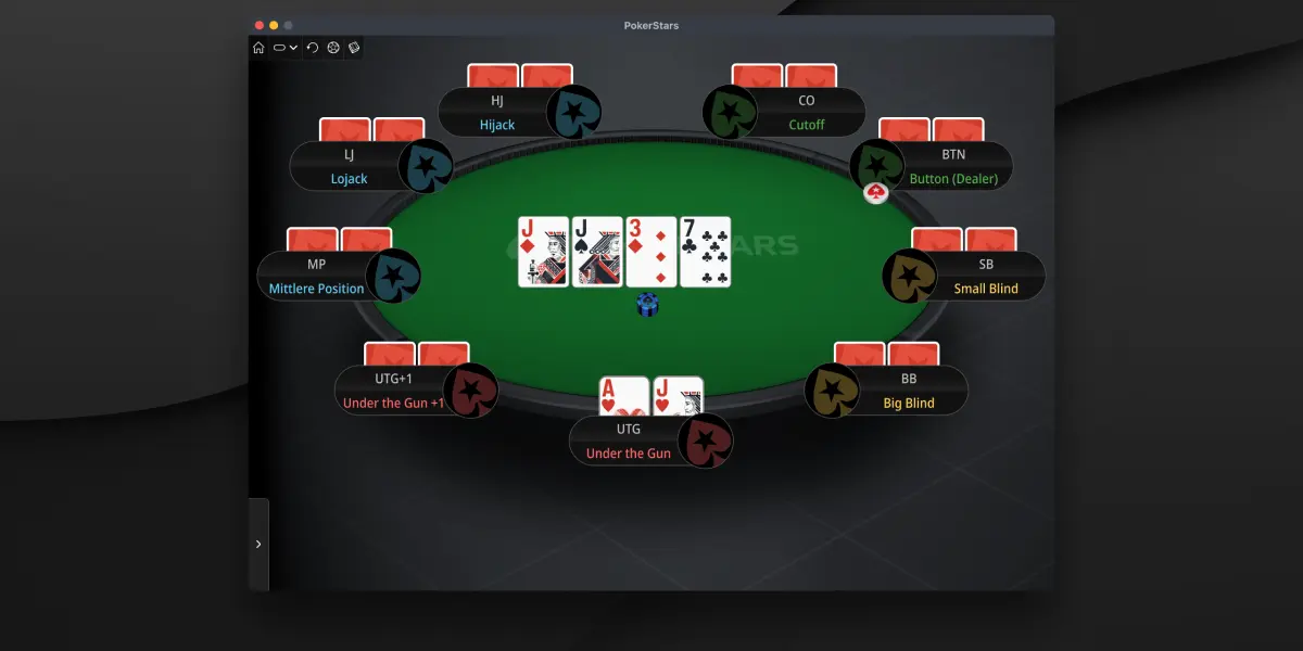 Online-Pokertisch von PokerStars mit der dritten Einsatzrunde - dem Turn